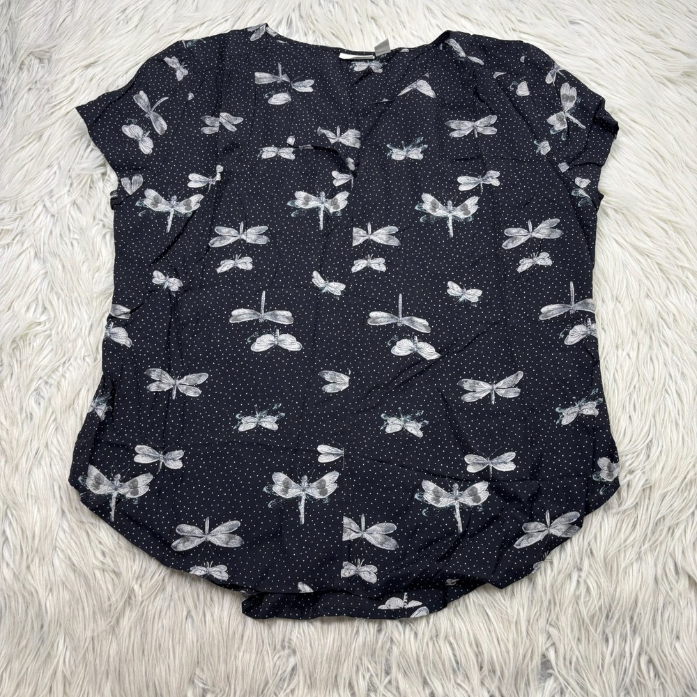 Hinge Women's S Black Dragonfly Moth Polka Dot Print Blouse Witchy Dark Fairy‎